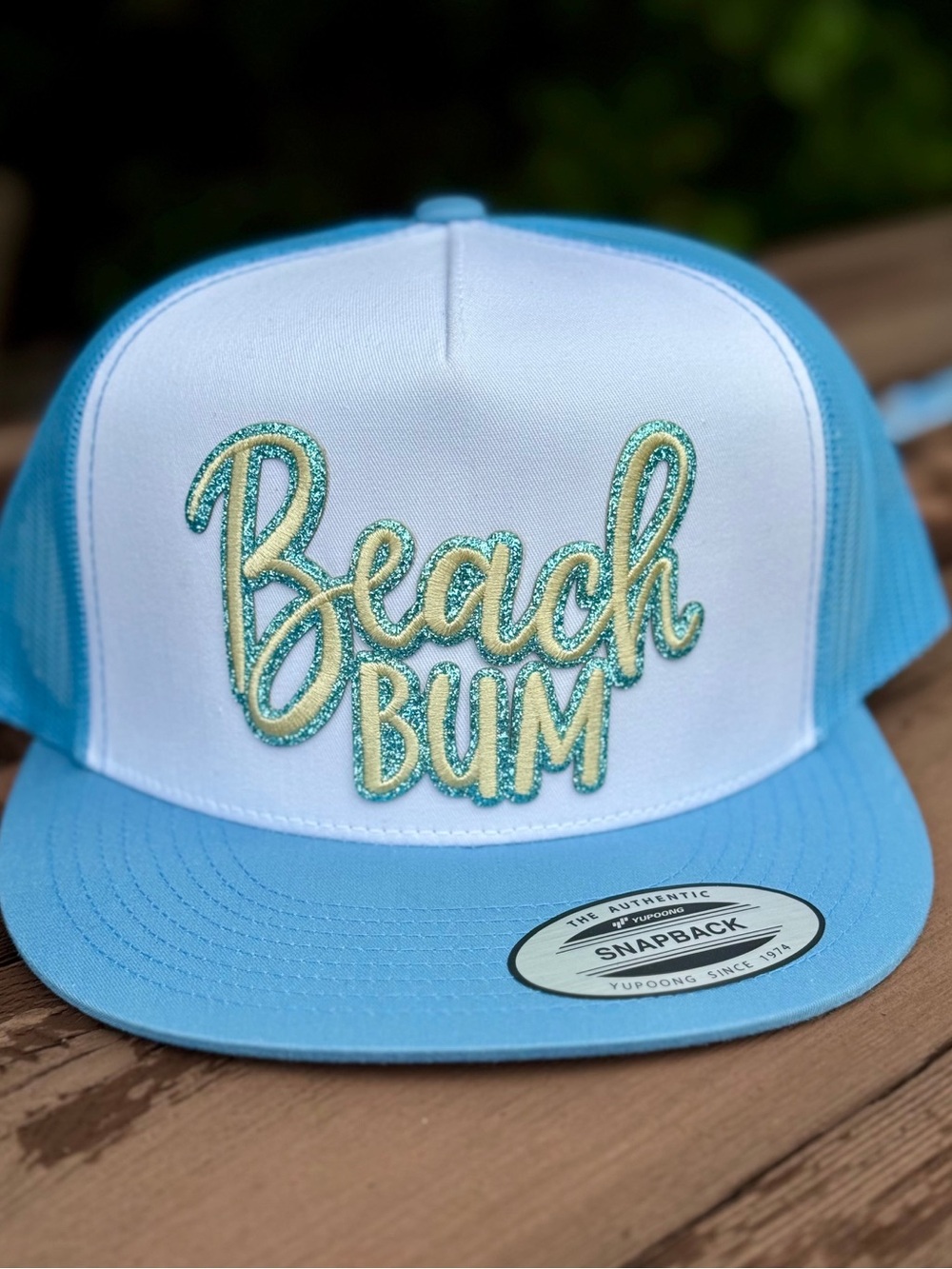 Beach Bum Glitter Patch Trucker Hat - Light Blue & White